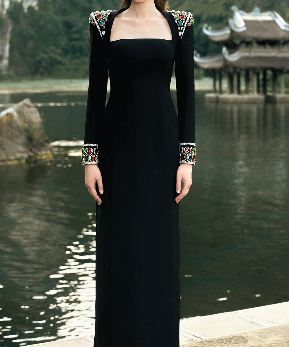 Black Square Neck Long Sleeve Column Maxi Gown With Multicolor Gem Embellished Shoulder & Cuffs
