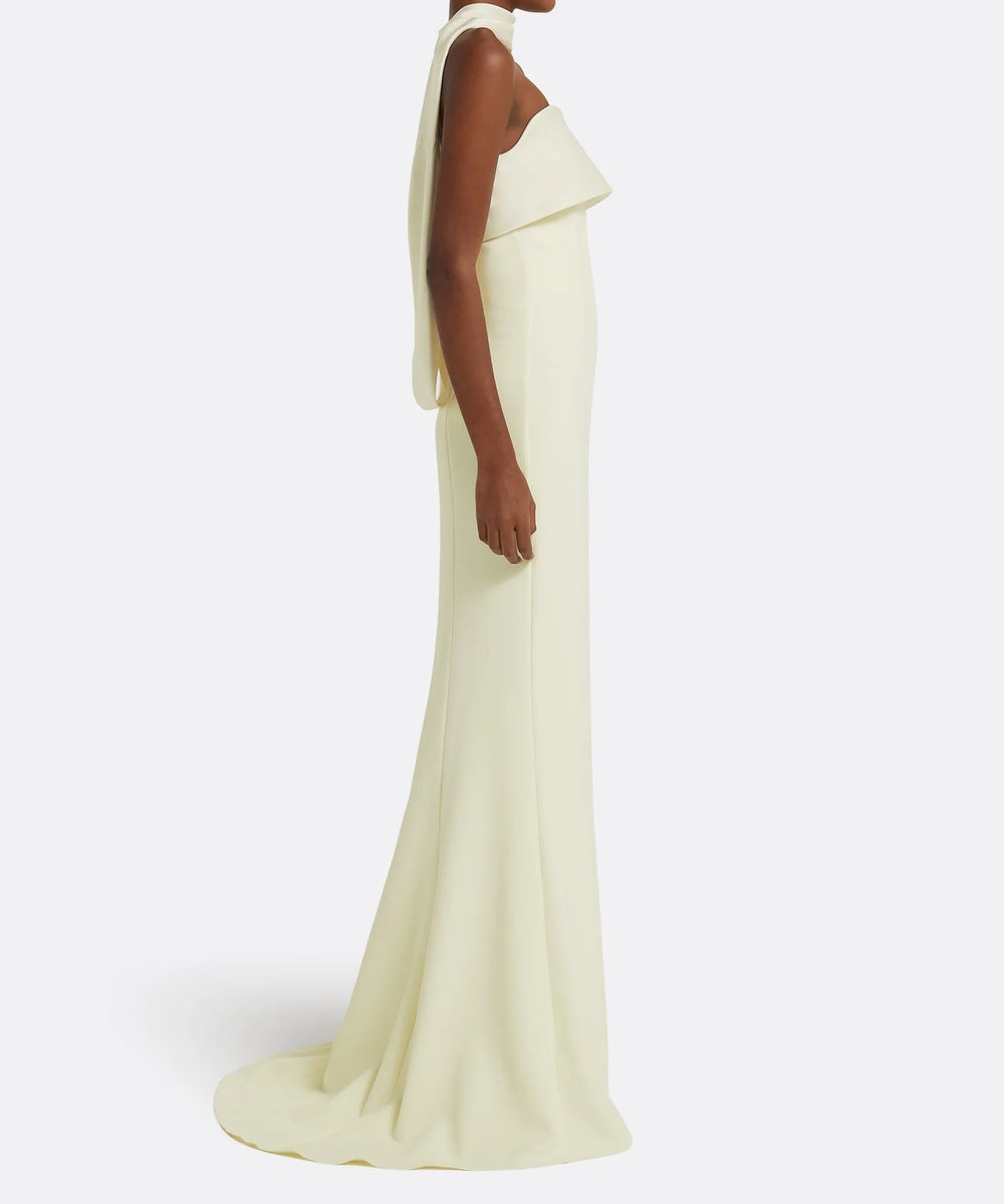 Cream Strapless Fold Bodice Neck Sash Trailing Mermaid Maxi Evening Gown