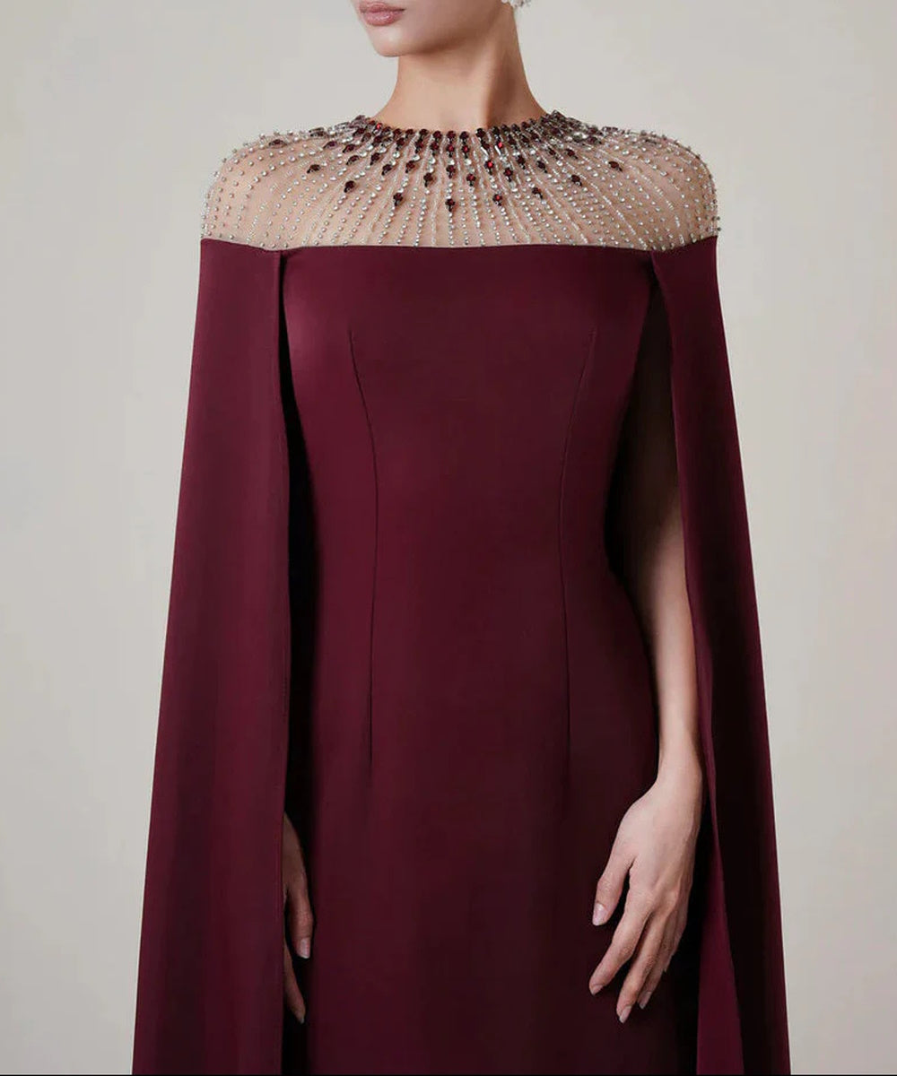 Mesh Beaded Illusion Neck Floor Length Crepe Formal Maxi Dress