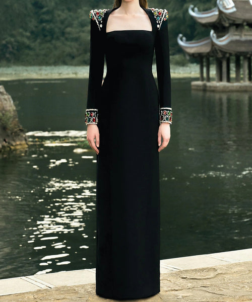 Black Square Neck Long Sleeve Column Maxi Gown With Multicolor Gem Embellished Shoulder & Cuffs