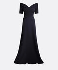 Black Off The Shoulder Folded V-Neck Short Sleeve A-Line Maxi Evening Gown With Waist Belt