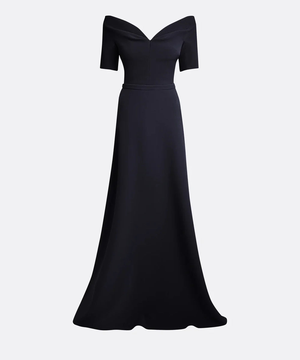 Black Off The Shoulder Folded V-Neck Short Sleeve A-Line Maxi Evening Gown With Waist Belt