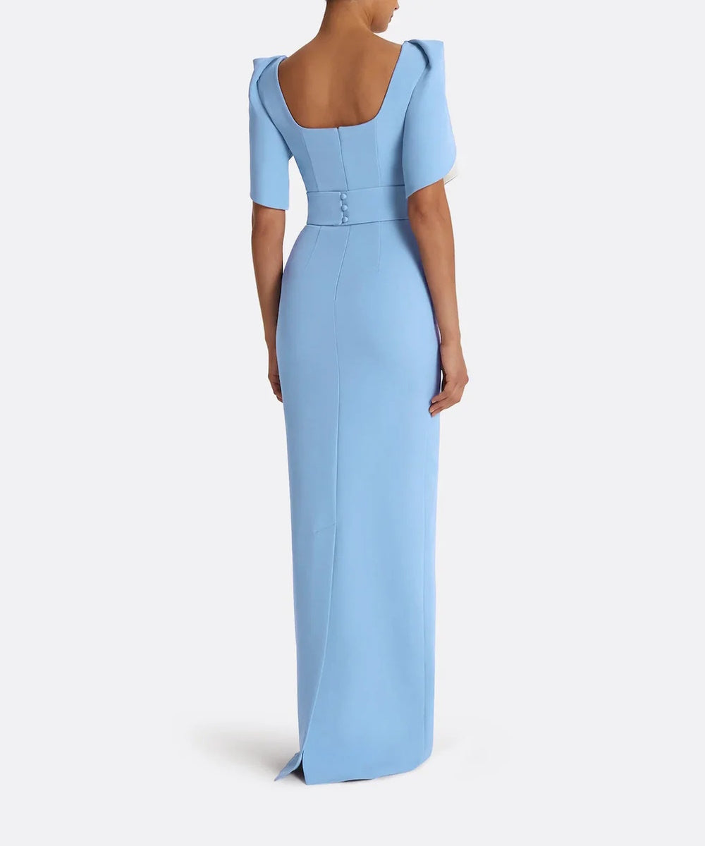 Sky Blue Square Neck Contrast Cape Sleeve Waistband Column Maxi Evening Gown