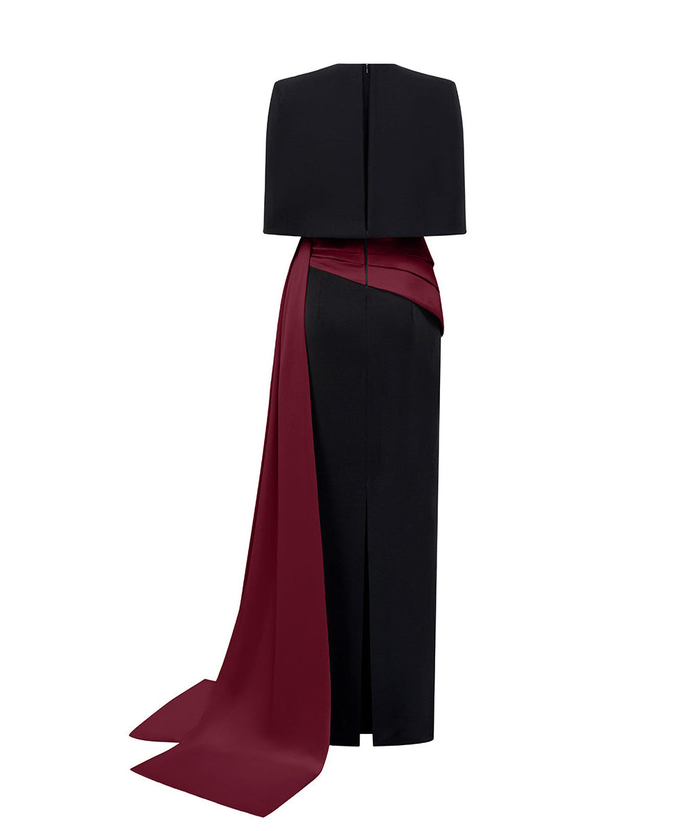 Black Cape Sleeve V-Neck Gown with Burgundy Sash Train