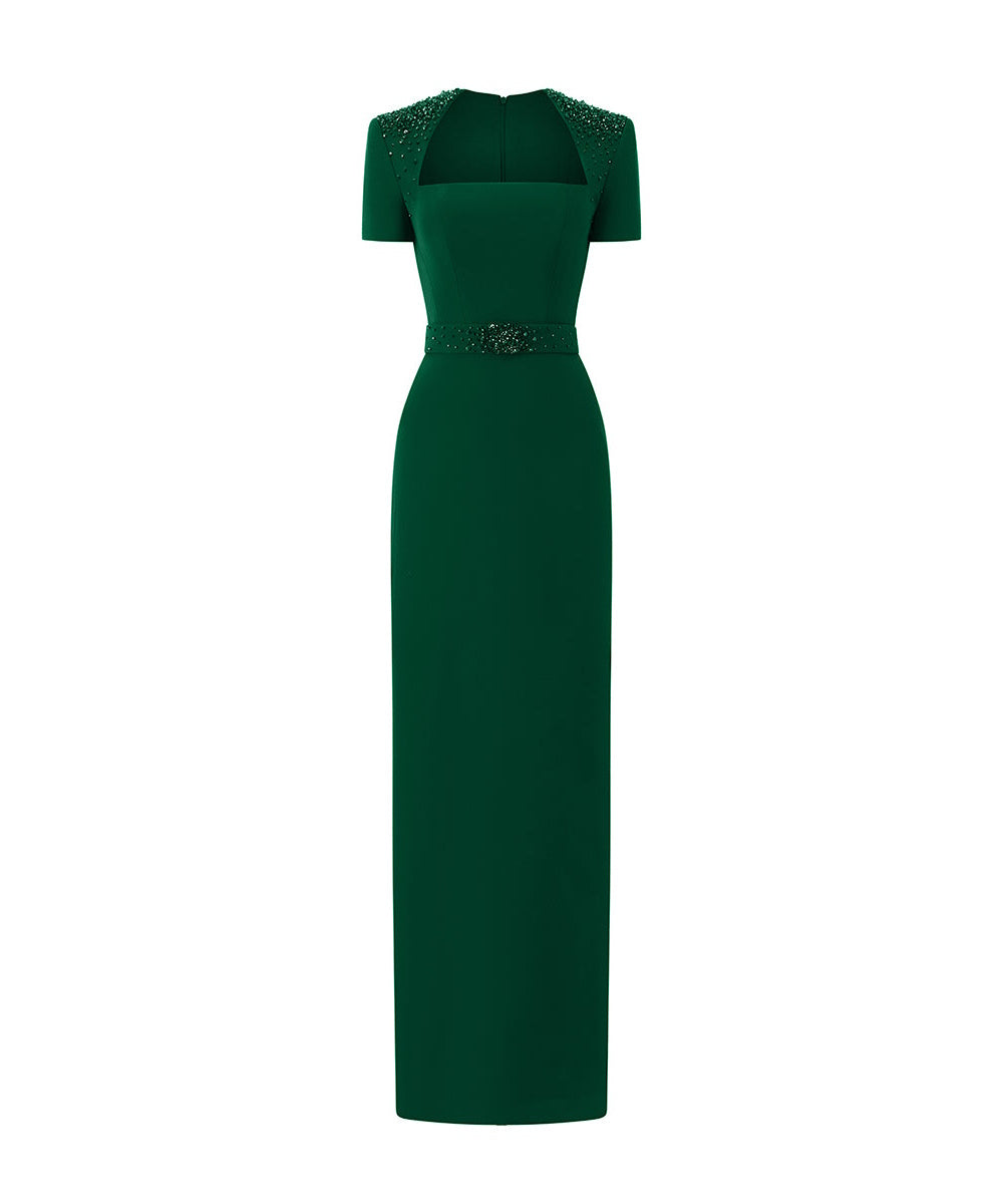 Emerald Green Beaded Square Neck Sheath Formal Maxi Evening Gown