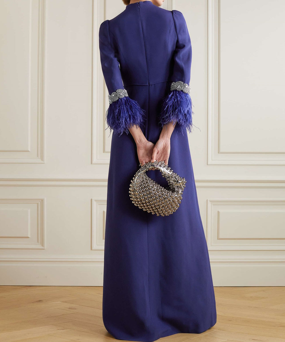 Deep Royal Blue Stand Collar Crystal Cuff Feather Three Quarter Sleeve Tie Waist Column Maxi Gown