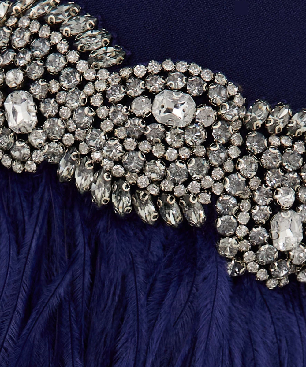 Deep Royal Blue Stand Collar Crystal Cuff Feather Three Quarter Sleeve Tie Waist Column Maxi Gown