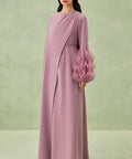 Mauve Draped Cape Layer Ruffled Organza Puff Sleeve Maxi Abaya Gown