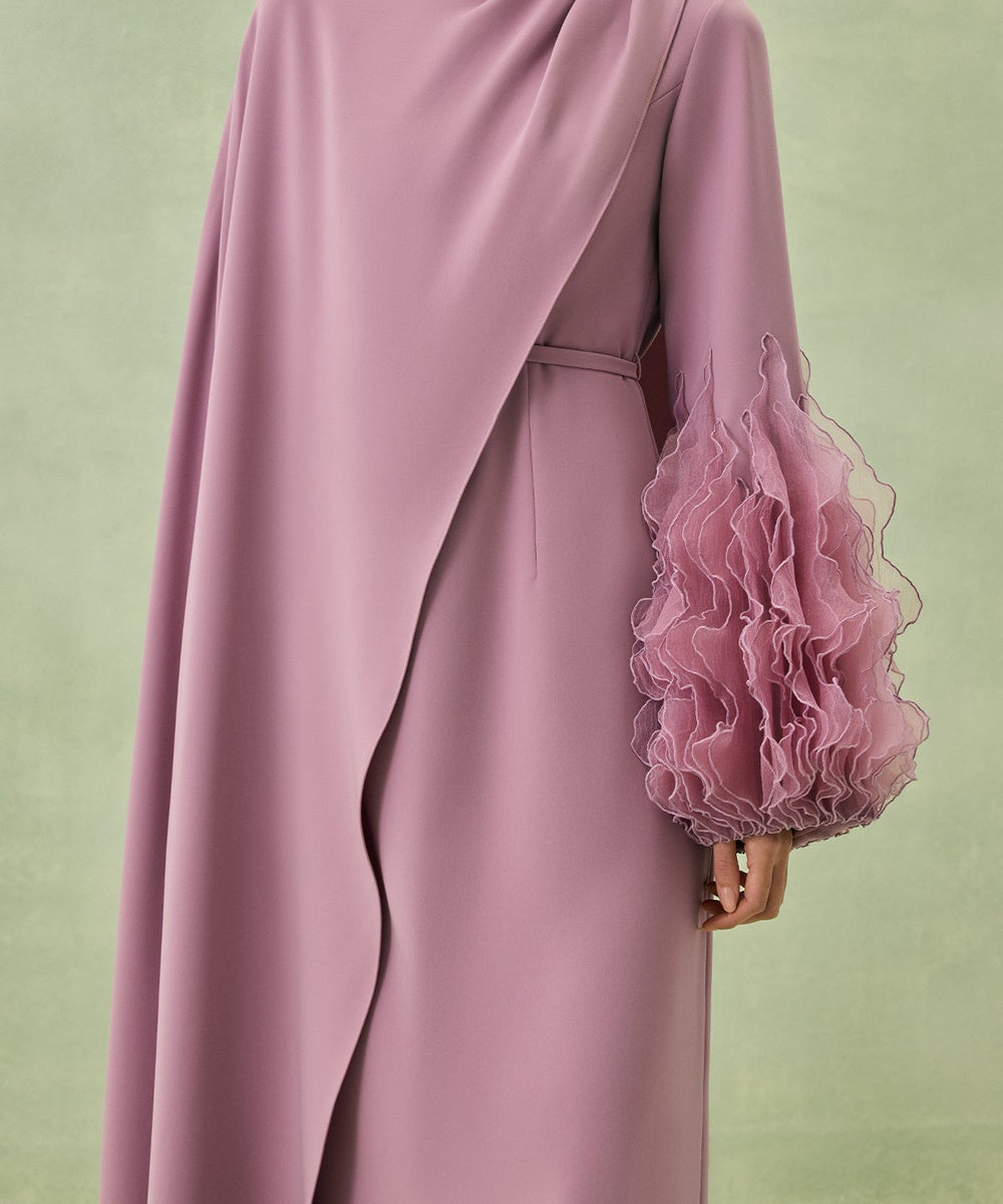 Mauve Draped Cape Layer Ruffled Organza Puff Sleeve Maxi Abaya Gown