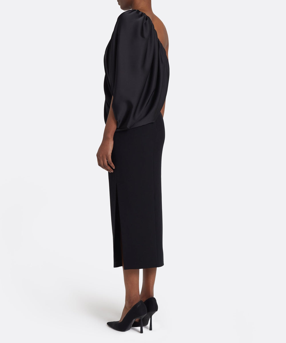 Black One‑Shoulder Draped Satin Midi Sheath Dress With Side Slit