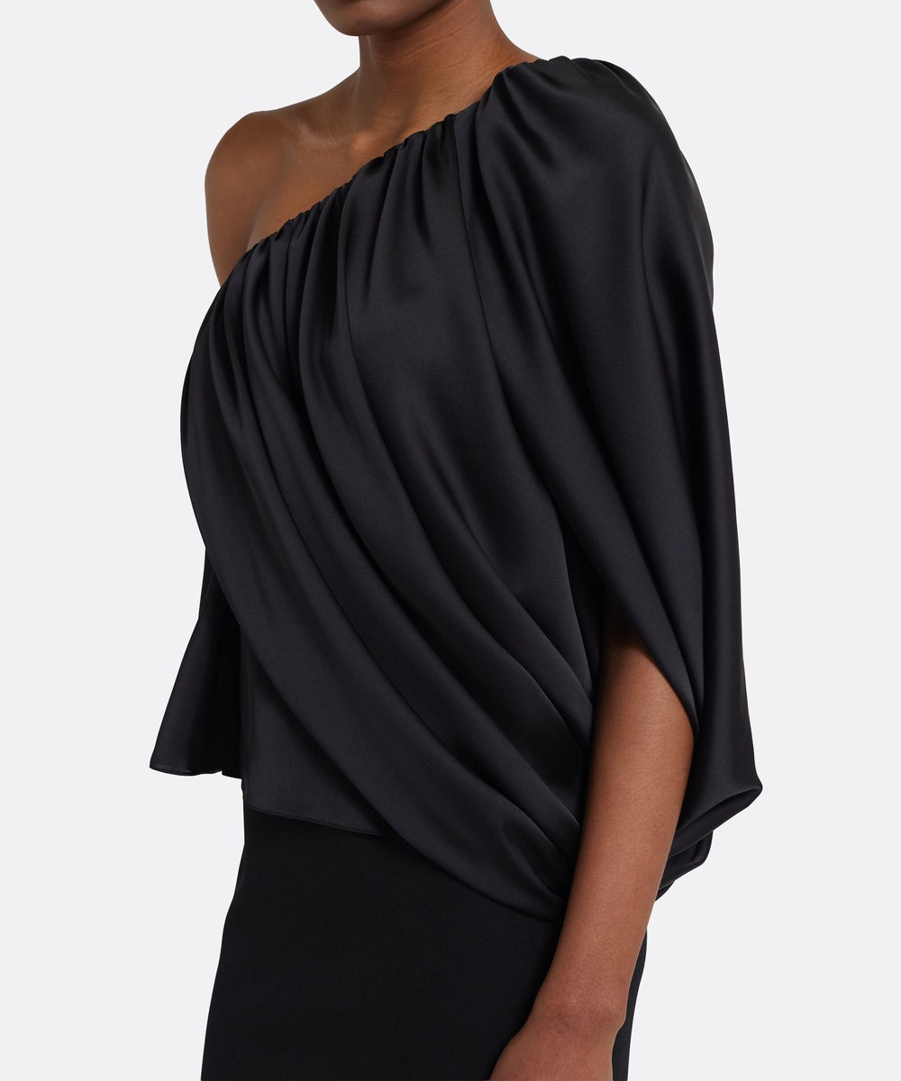 Black One‑Shoulder Draped Satin Midi Sheath Dress With Side Slit