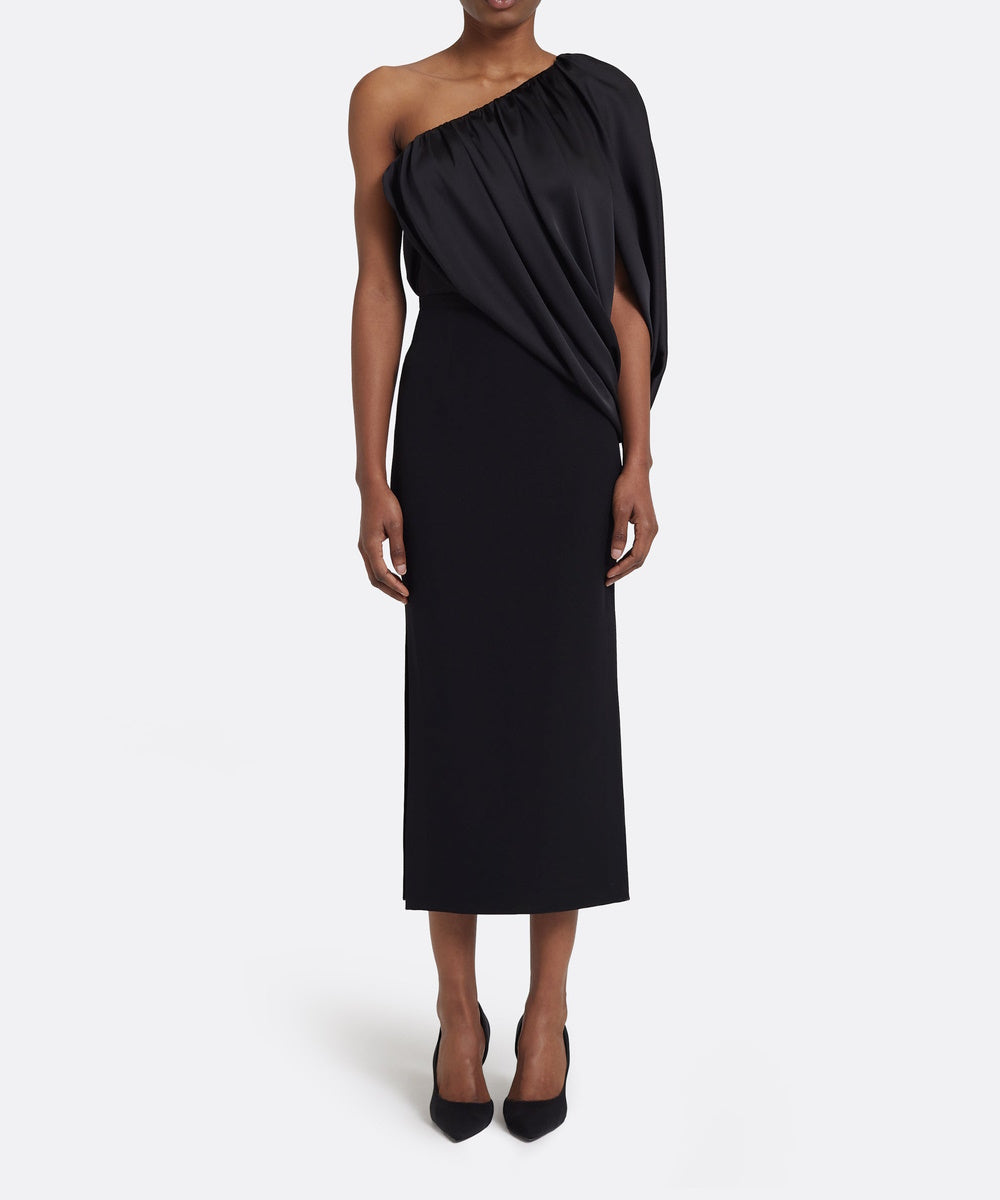 Black One‑Shoulder Draped Satin Midi Sheath Dress With Side Slit