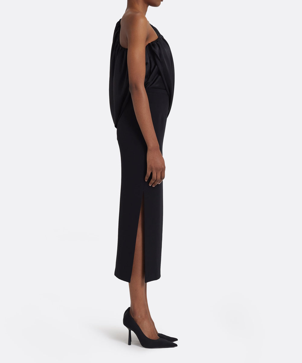 Black One‑Shoulder Draped Satin Midi Sheath Dress With Side Slit