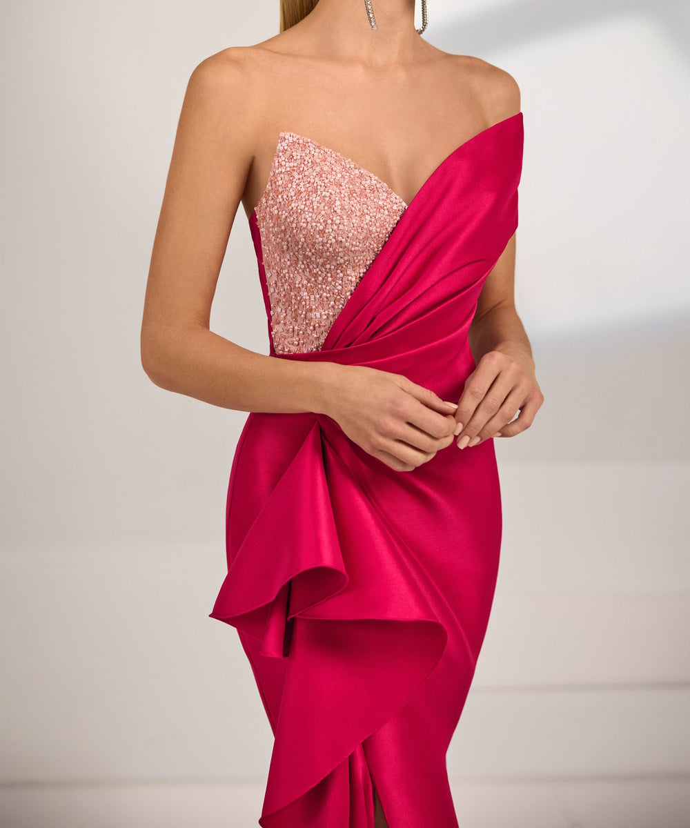 Strapless Beaded Bodice Fuchsia Satin Mermaid Evening Gown With Ruffle Slit Train