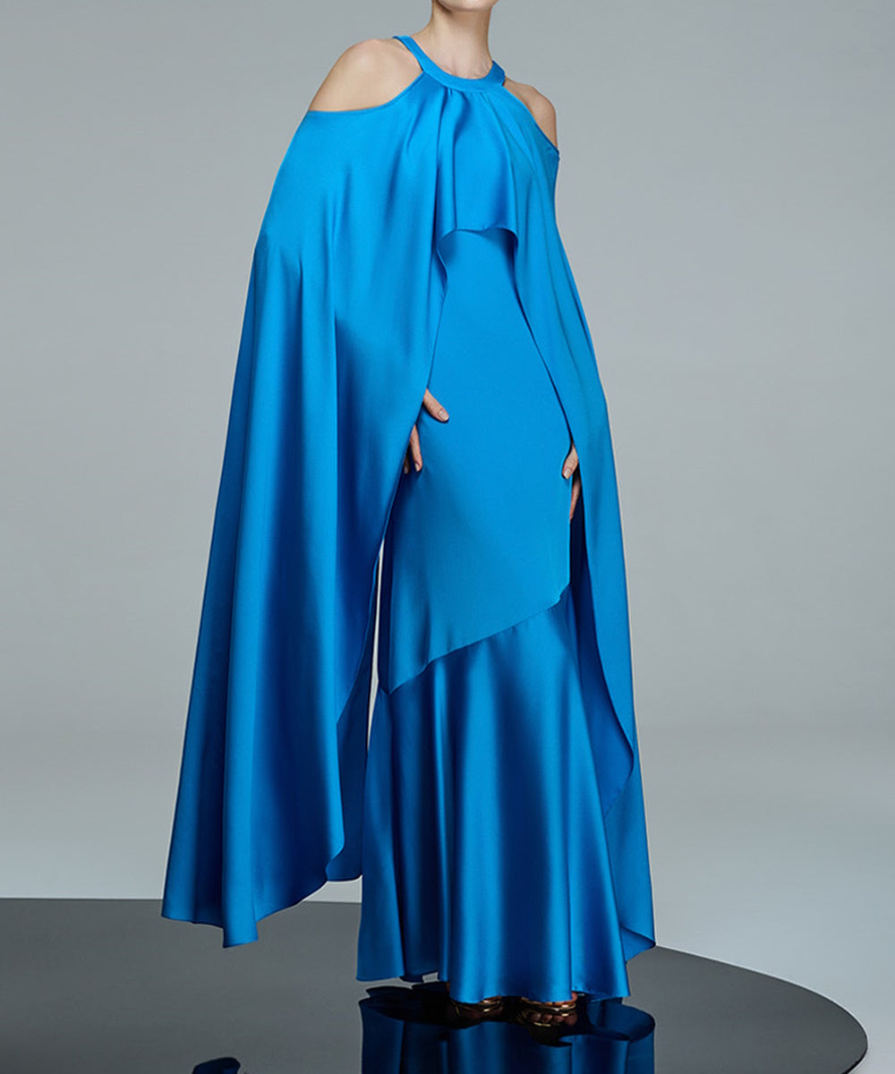Bright Blue Halter Cold Shoulder Cape Satin Evening Gown