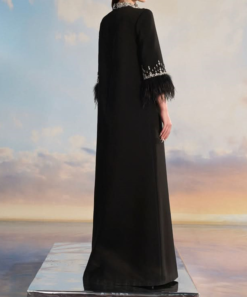 Black Crystal Feather Cuff High Neck A-Line Crepe Evening Gown