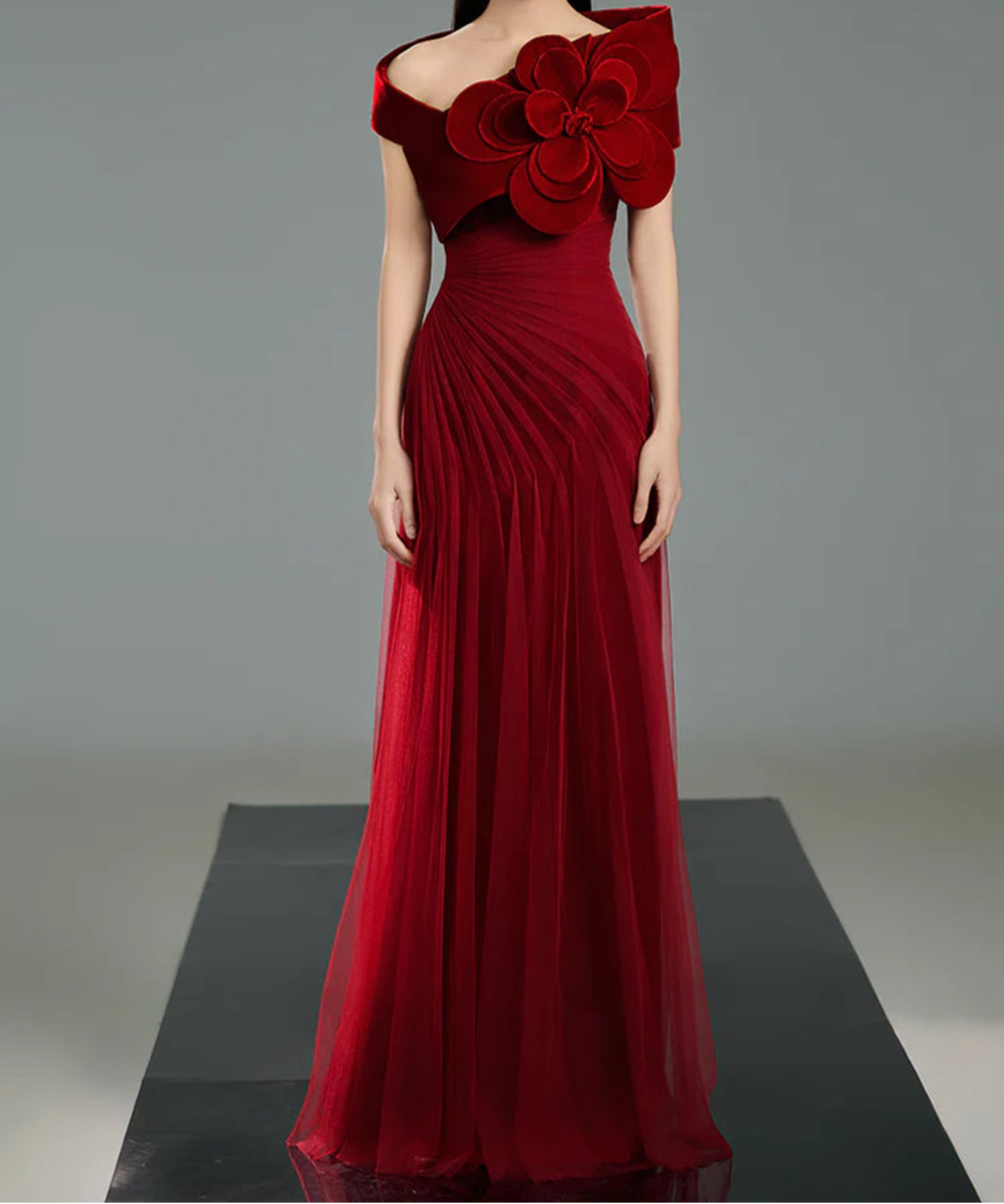 Burgundy Off Shoulder Velvet 3D Flower Draped Tulle Maxi Evening Gown