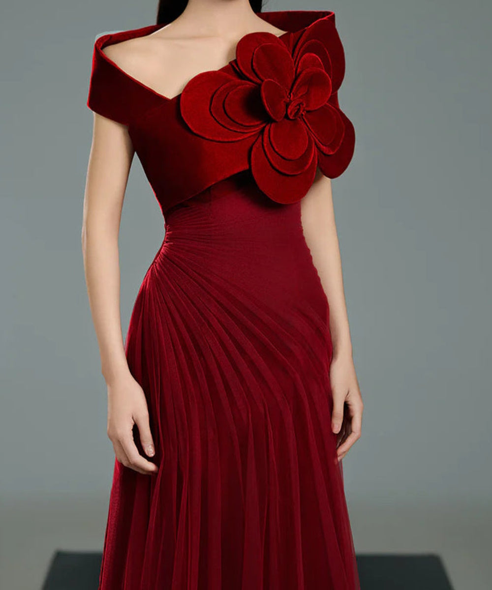 Burgundy Off Shoulder Velvet 3D Flower Draped Tulle Maxi Evening Gown