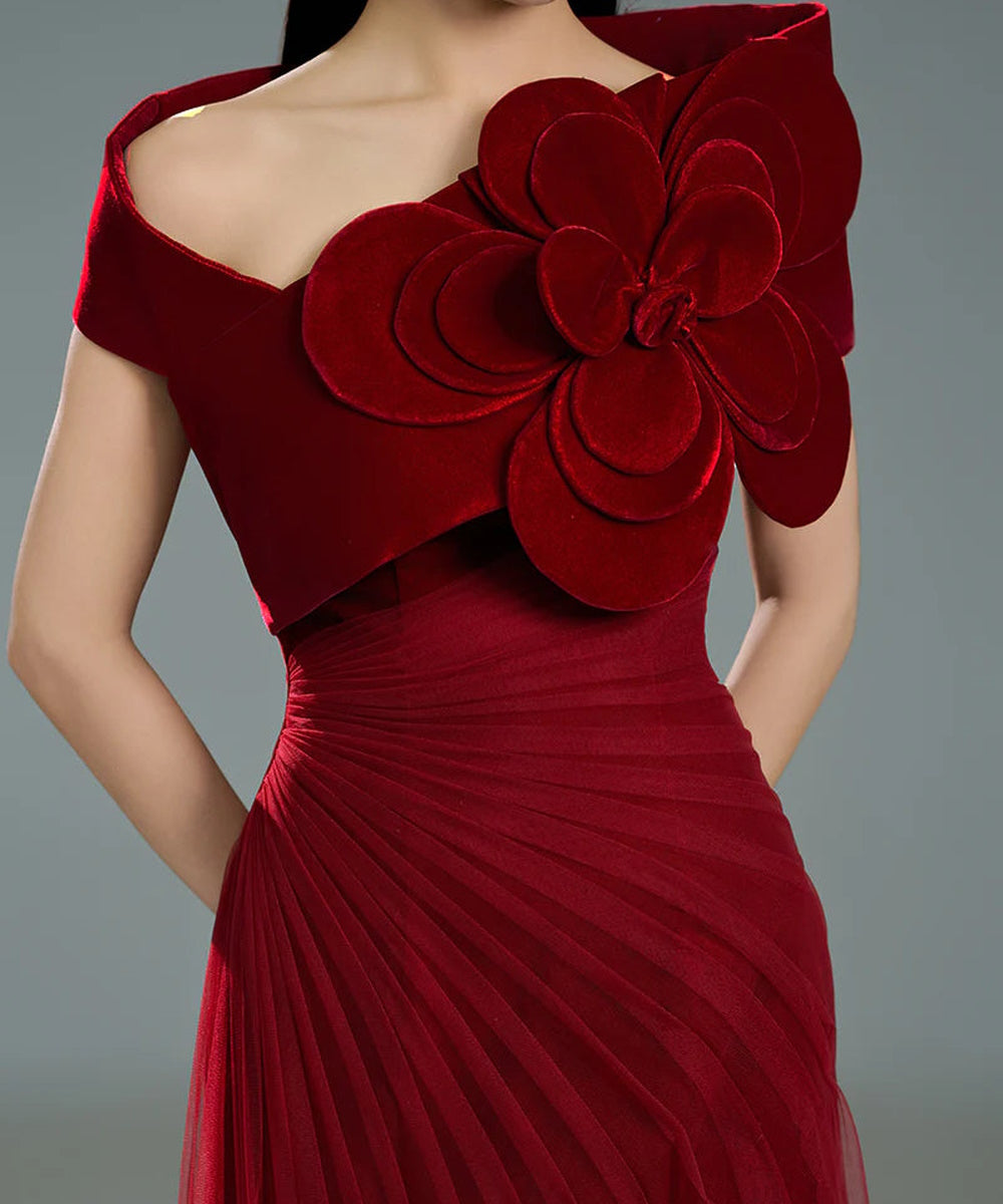 Burgundy Off Shoulder Velvet 3D Flower Draped Tulle Maxi Evening Gown