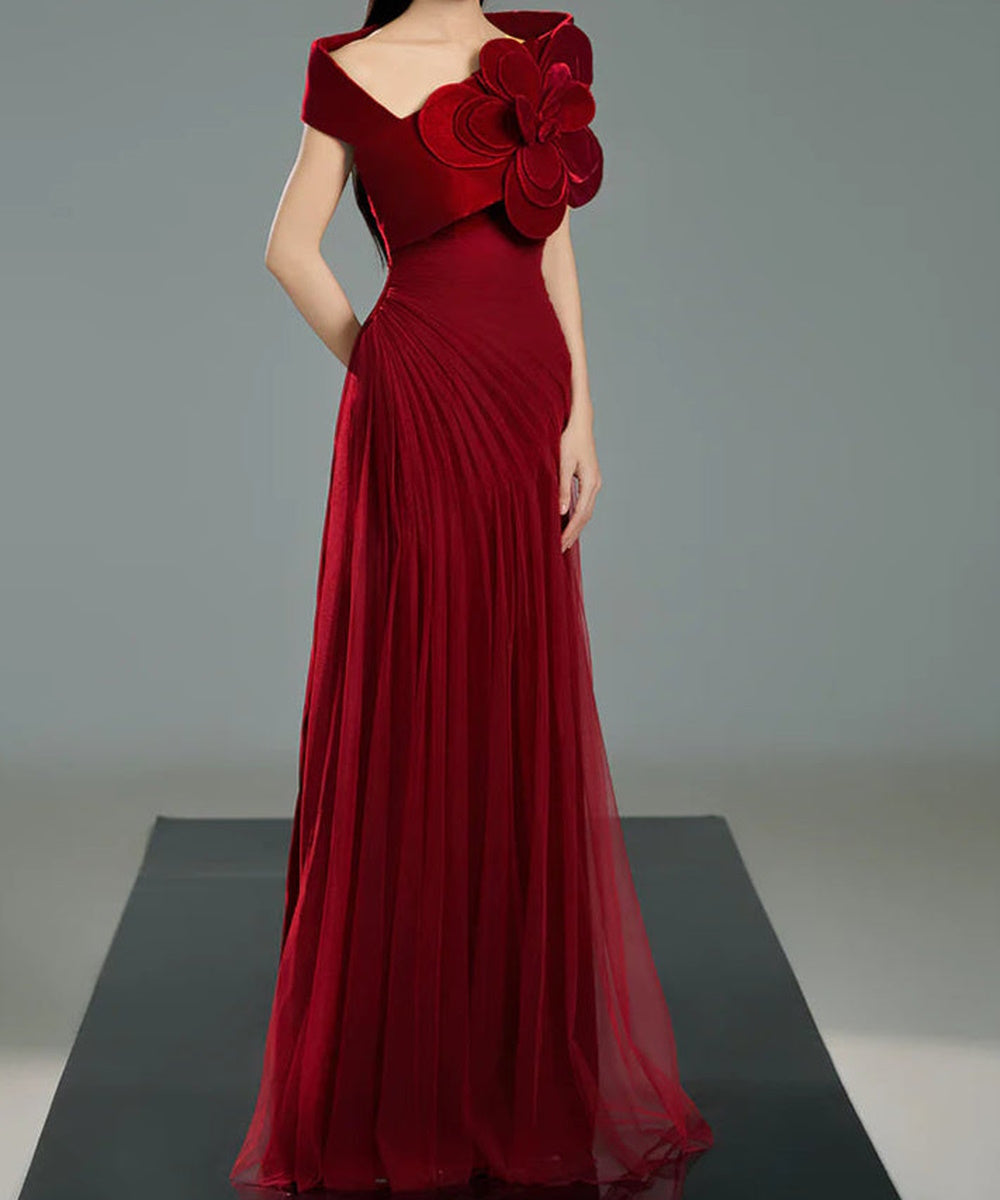 Burgundy Off Shoulder Velvet 3D Flower Draped Tulle Maxi Evening Gown