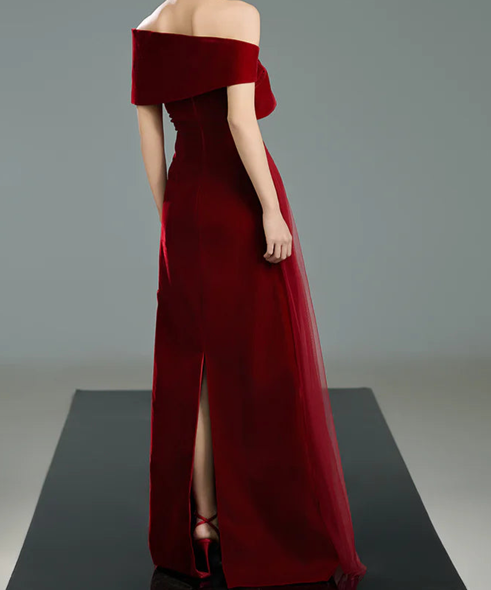 Burgundy Off Shoulder Velvet 3D Flower Draped Tulle Maxi Evening Gown
