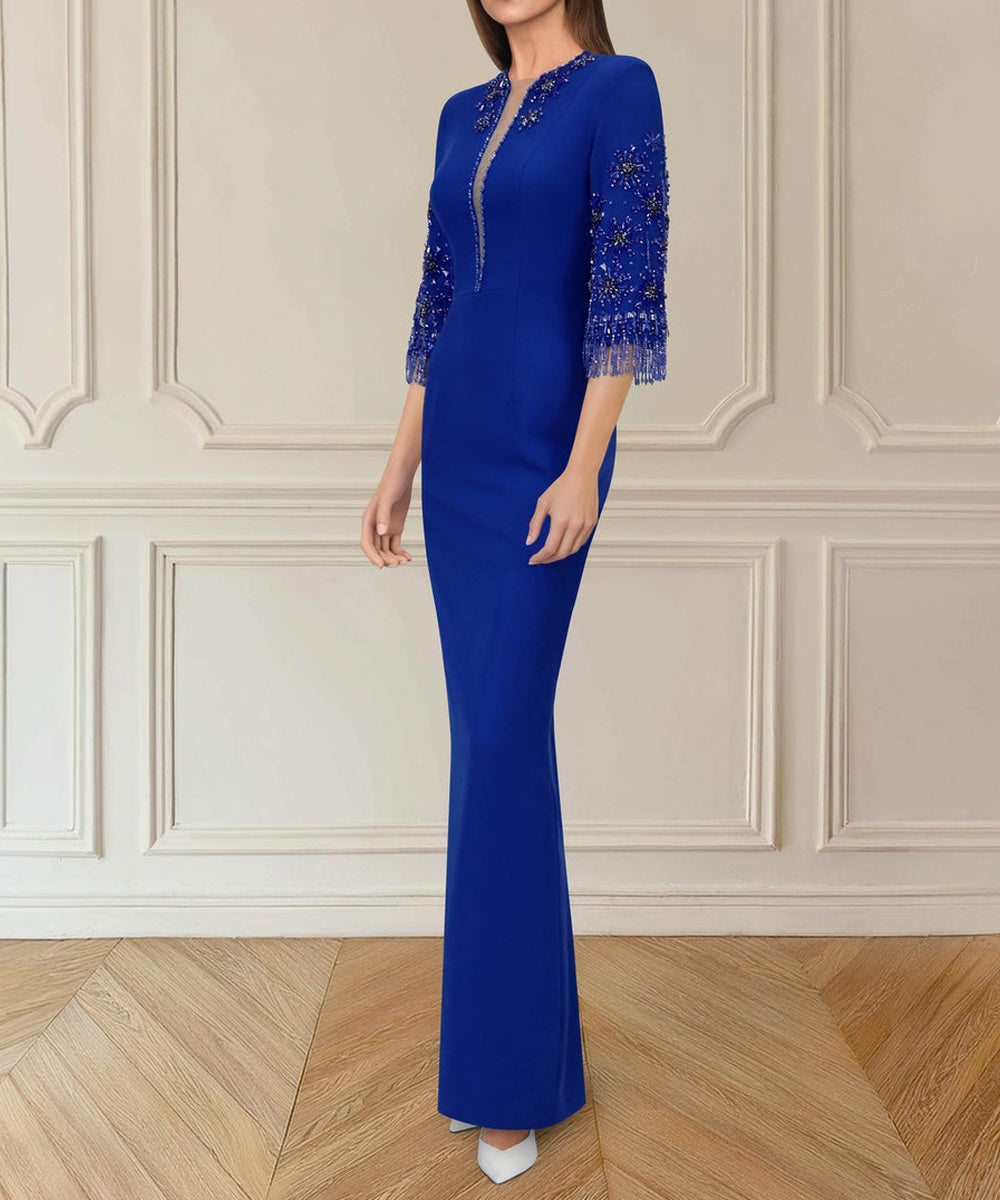 Royal Blue Midi Formal Dress With Embellished Three-Quarter Sleeves