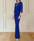 Royal Blue Midi Formal Dress With Embellished Three-Quarter Sleeves