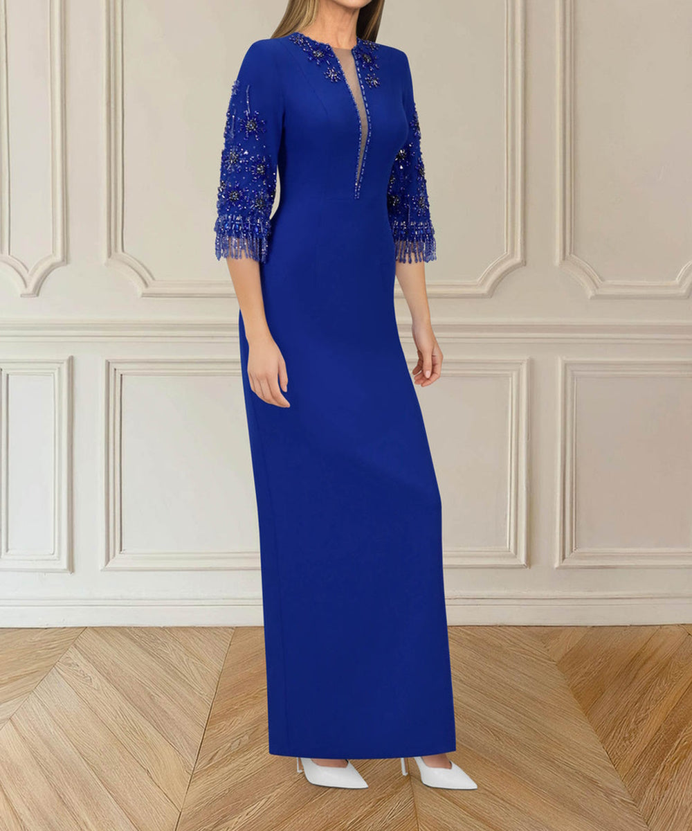 Royal Blue Midi Formal Dress With Embellished Three-Quarter Sleeves