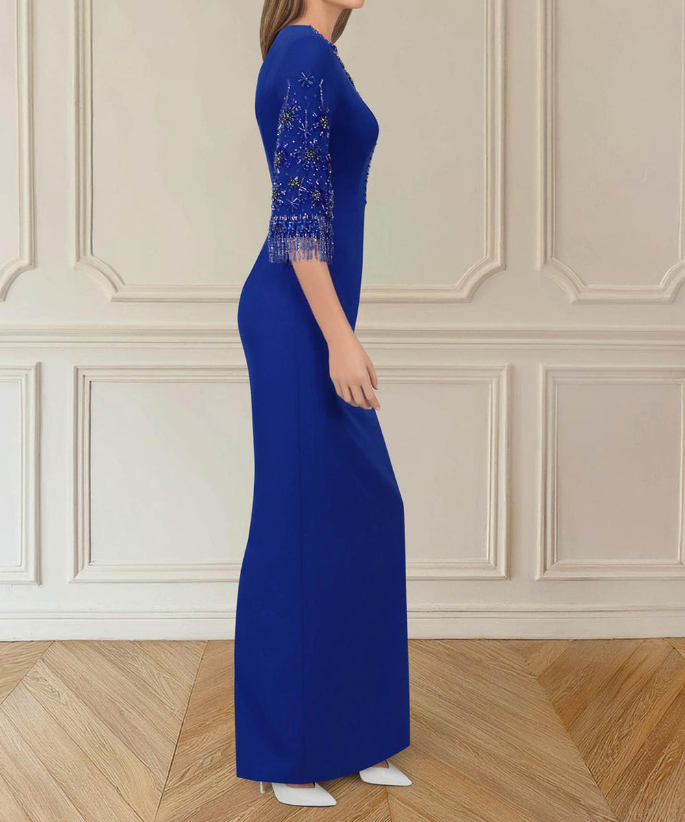 Royal Blue Midi Formal Dress With Embellished Three-Quarter Sleeves