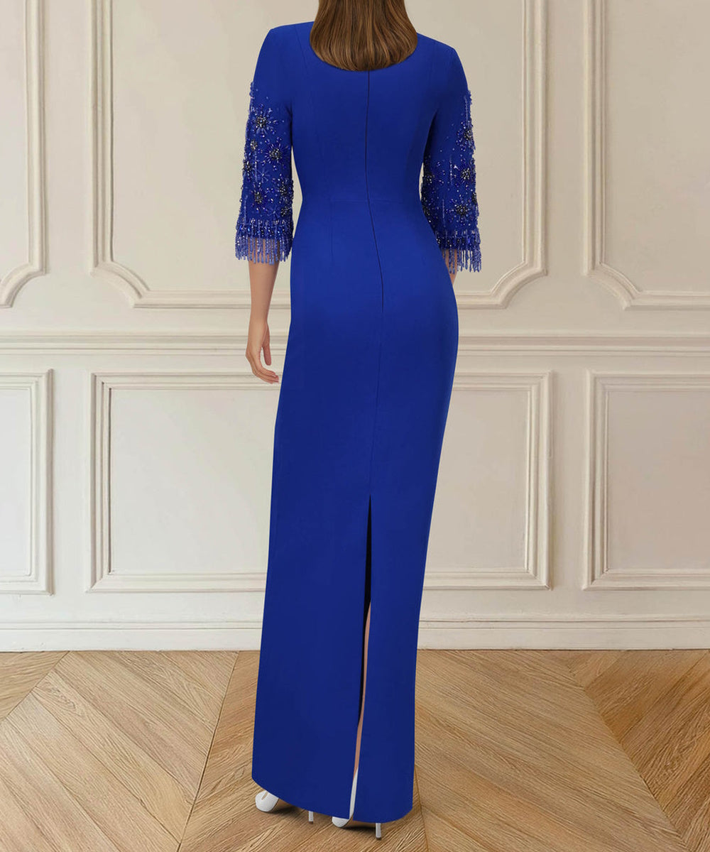 Royal Blue Midi Formal Dress With Embellished Three-Quarter Sleeves