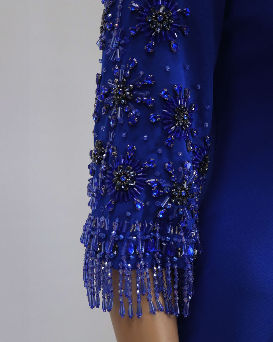 Royal Blue Midi Formal Dress With Embellished Three-Quarter Sleeves