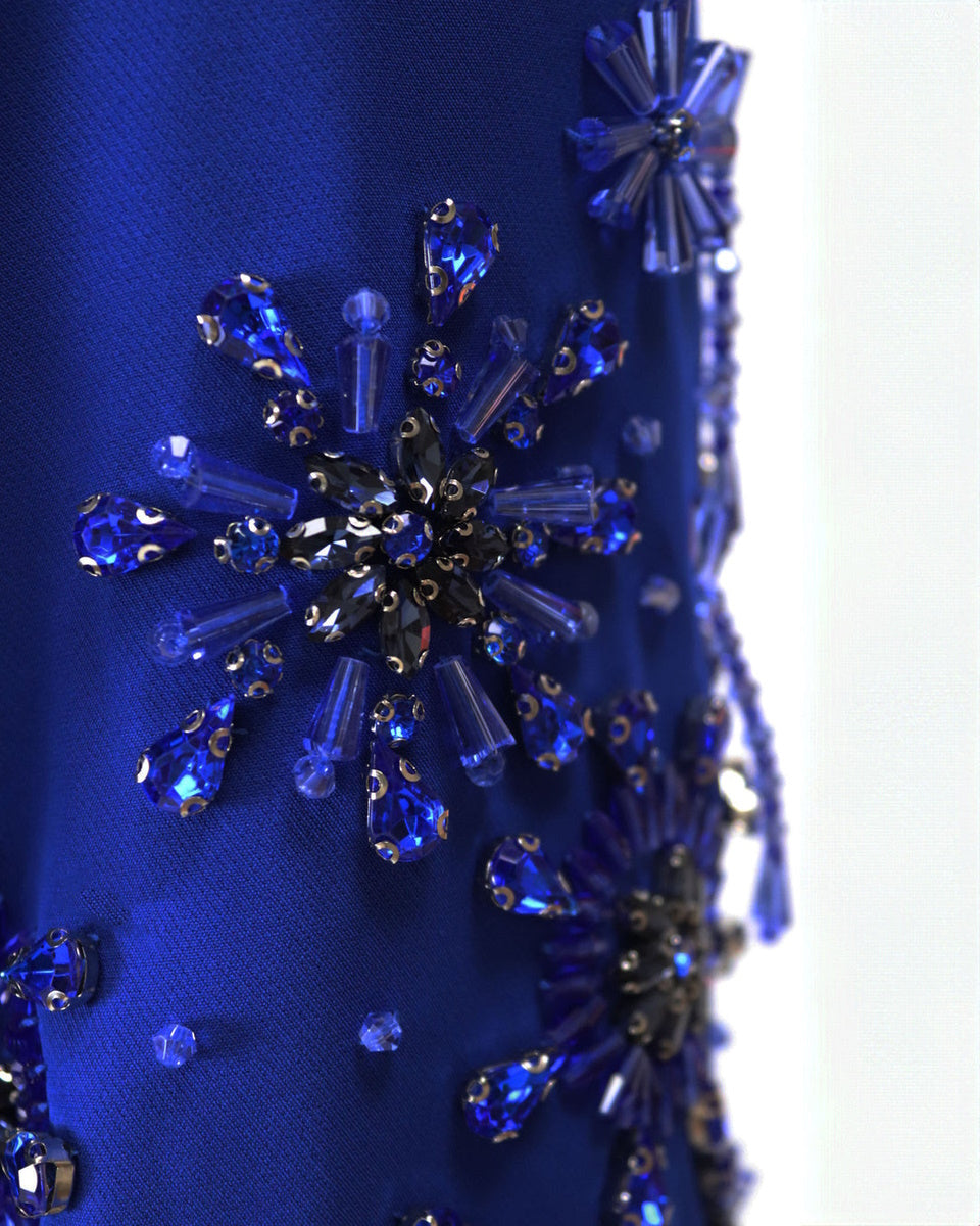 Royal Blue Midi Formal Dress With Embellished Three-Quarter Sleeves