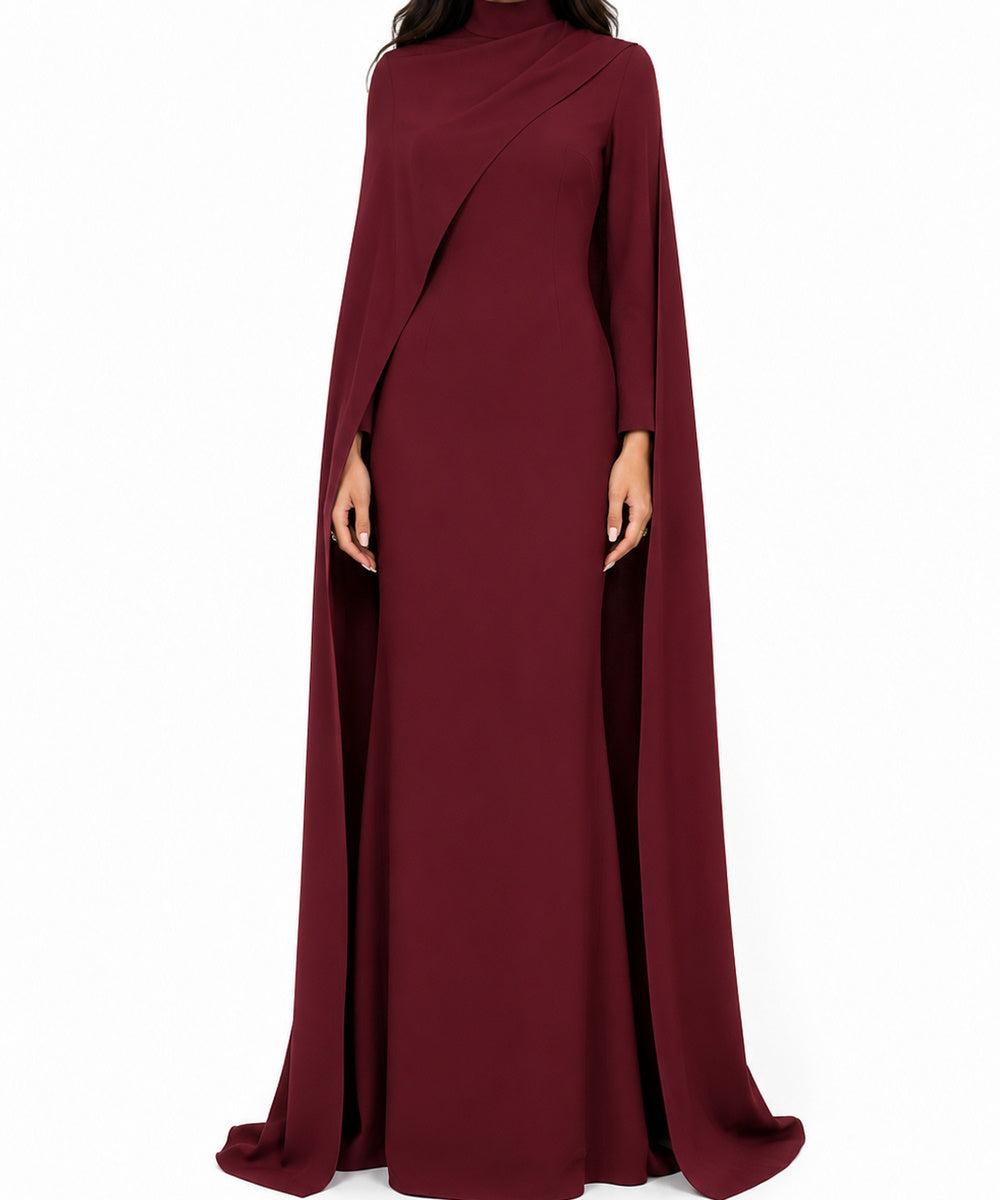 Burgundy High Neck Cape Sleeve Mermaid Formal Maxi Gown