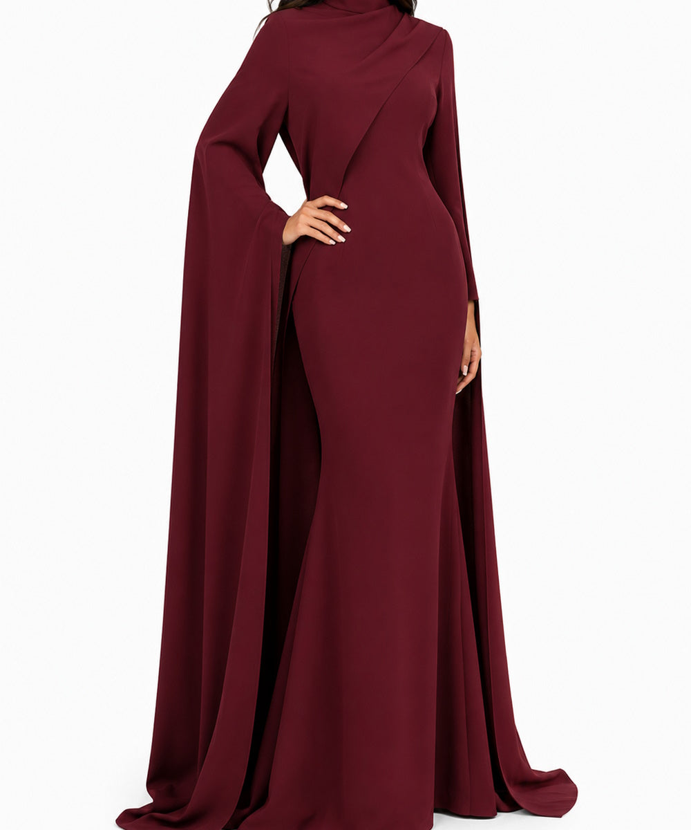 Burgundy High Neck Cape Sleeve Mermaid Formal Maxi Gown