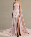 Dusty Pink Strapless Pleated Chiffon Cape Sleeve High Slit Train Maxi Evening Gown