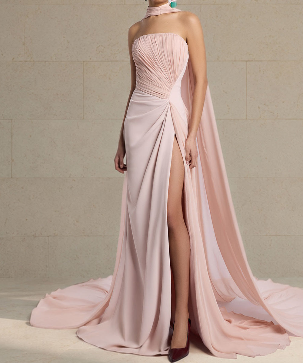 Dusty Pink Strapless Pleated Chiffon Cape Sleeve High Slit Train Maxi Evening Gown