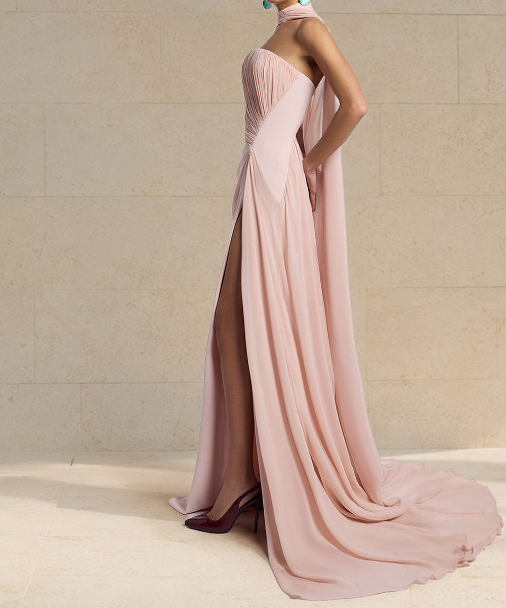 Dusty Pink Strapless Pleated Chiffon Cape Sleeve High Slit Train Maxi Evening Gown