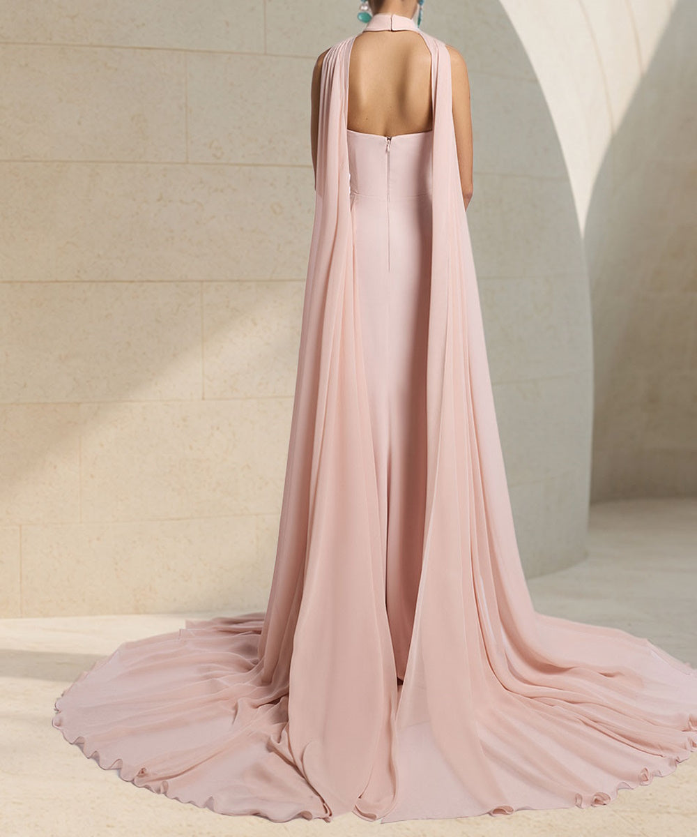 Dusty Pink Strapless Pleated Chiffon Cape Sleeve High Slit Train Maxi Evening Gown