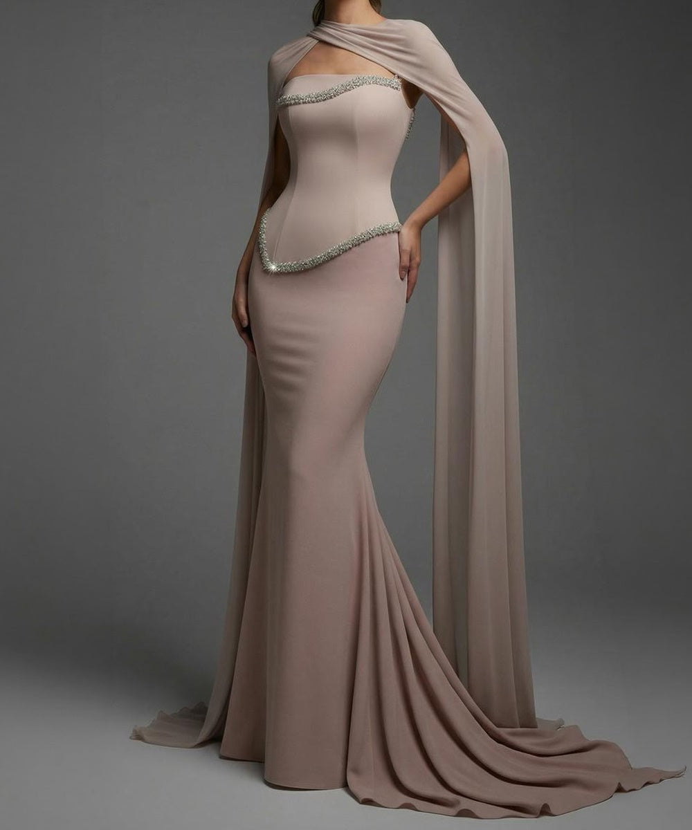 Dusty Mauve Strapless Crystal Trim Cape Sleeve Mermaid Maxi Evening Gown