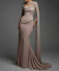 Dusty Mauve Strapless Crystal Trim Cape Sleeve Mermaid Maxi Evening Gown
