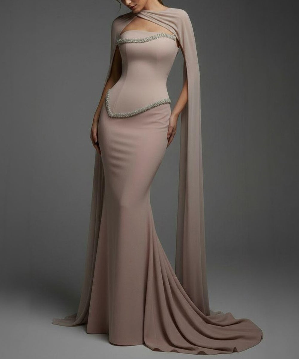 Dusty Mauve Strapless Crystal Trim Cape Sleeve Mermaid Maxi Evening Gown