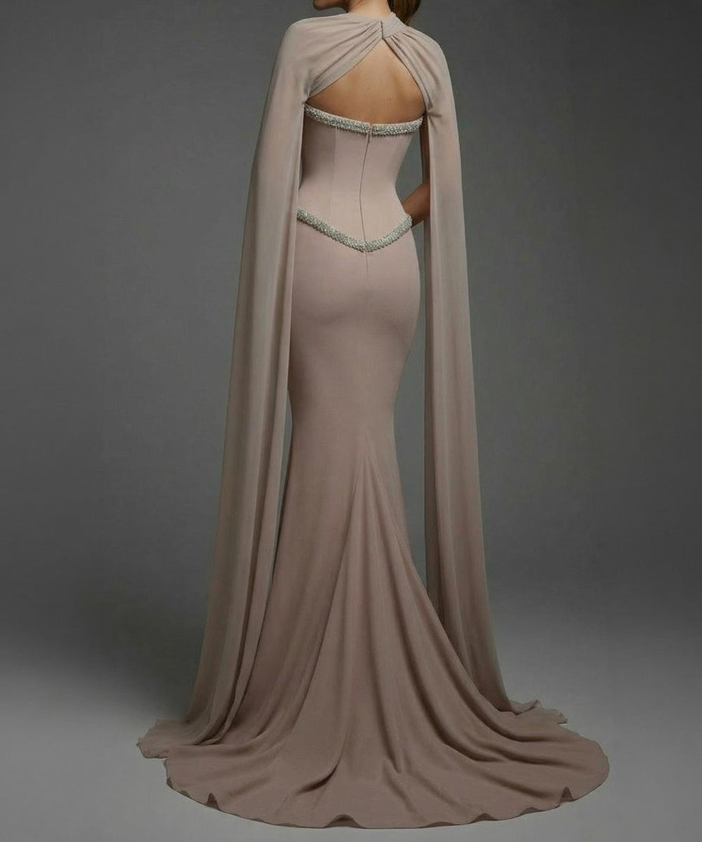 Dusty Mauve Strapless Crystal Trim Cape Sleeve Mermaid Maxi Evening Gown