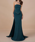 Teal Strapless Beaded Peplum Mermaid Gown With Oversized Beaded Train