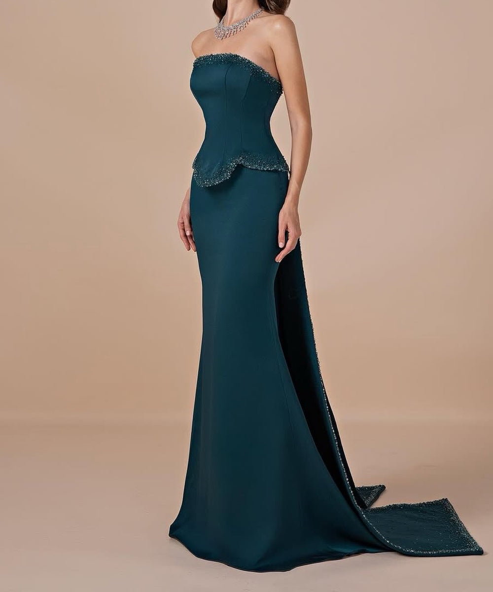 Teal Strapless Beaded Peplum Mermaid Gown With Oversized Beaded Train
