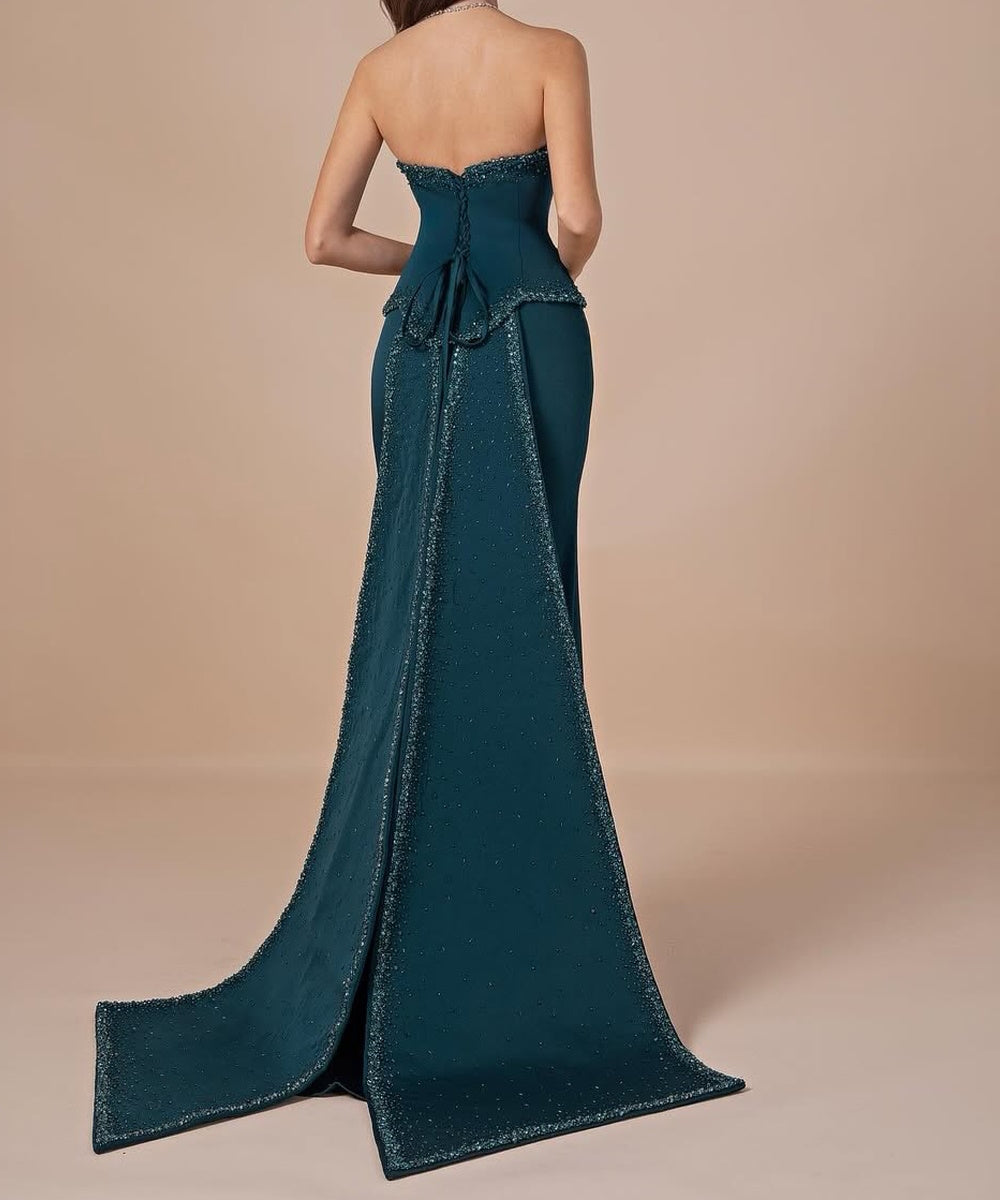 Teal Strapless Beaded Peplum Mermaid Gown With Oversized Beaded Train