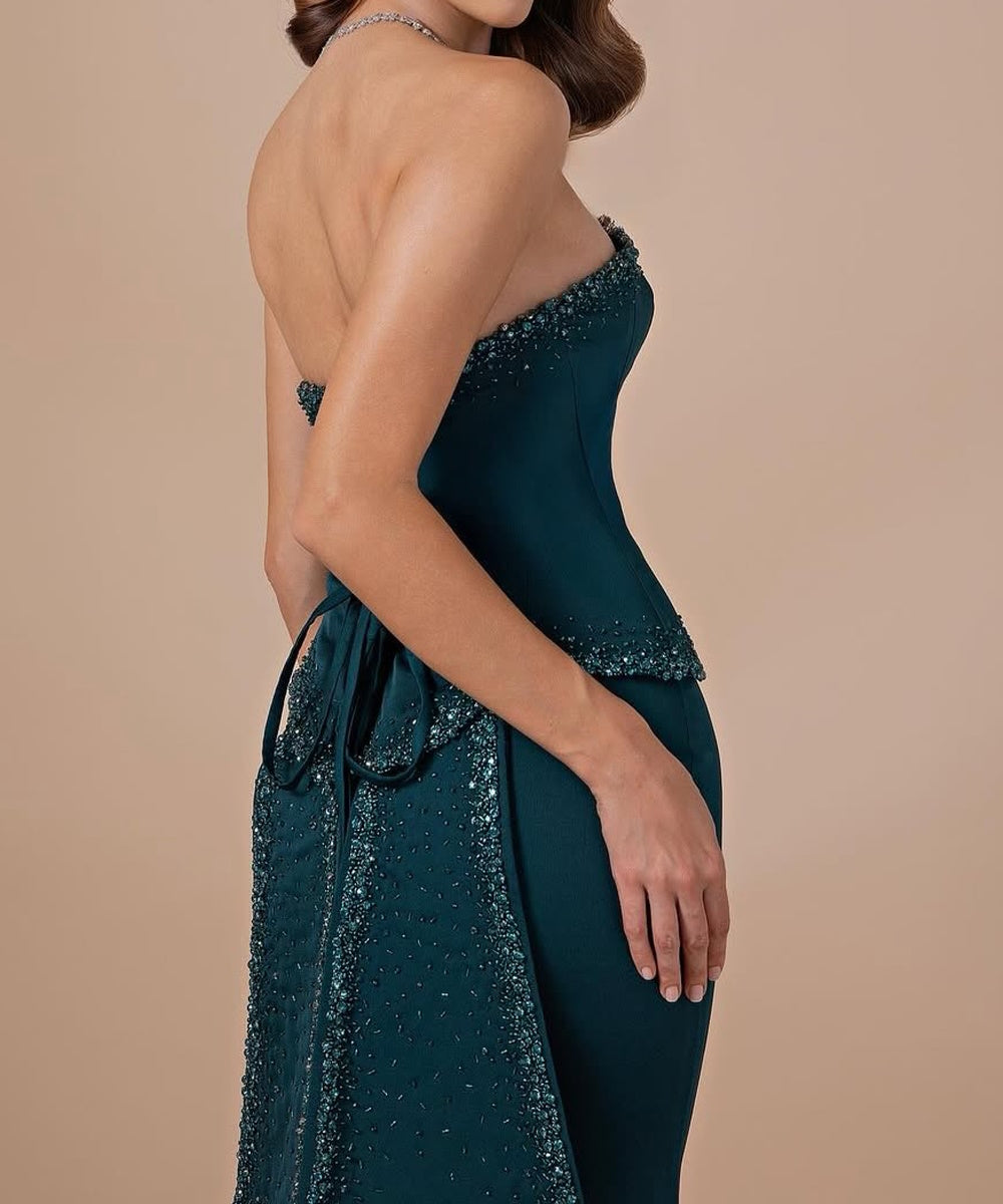 Teal Strapless Beaded Peplum Mermaid Gown With Oversized Beaded Train