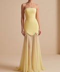 Pastel Yellow Strapless Pearl Scallop Trim Sheer Chiffon Mermaid Evening Gown