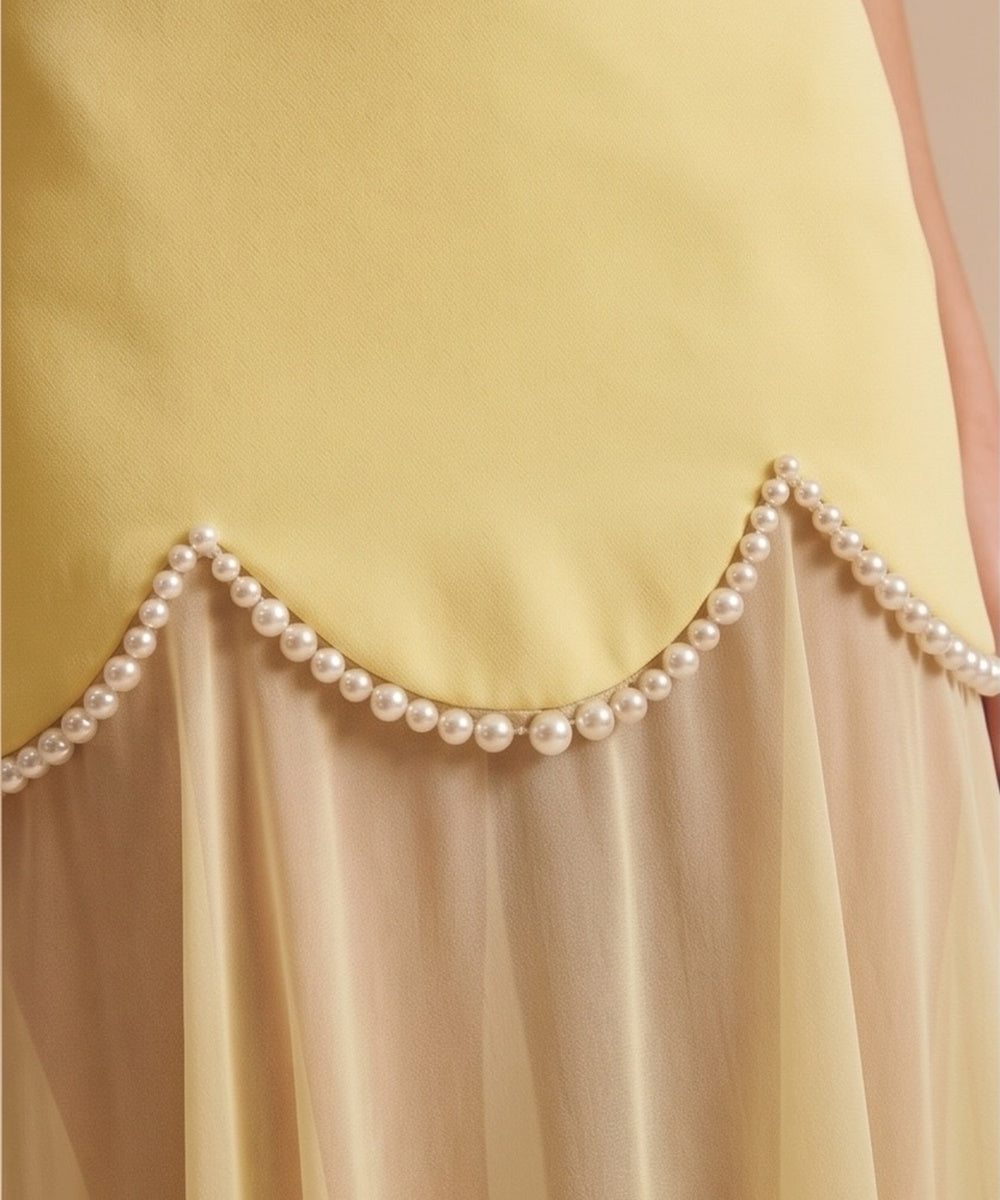 Pastel Yellow Strapless Pearl Scallop Trim Sheer Chiffon Mermaid Evening Gown