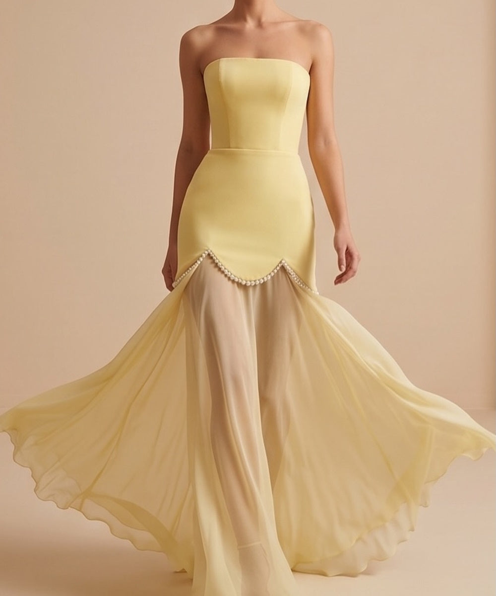 Pastel Yellow Strapless Pearl Scallop Trim Sheer Chiffon Mermaid Evening Gown