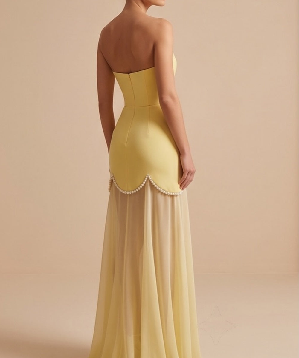 Pastel Yellow Strapless Pearl Scallop Trim Sheer Chiffon Mermaid Evening Gown